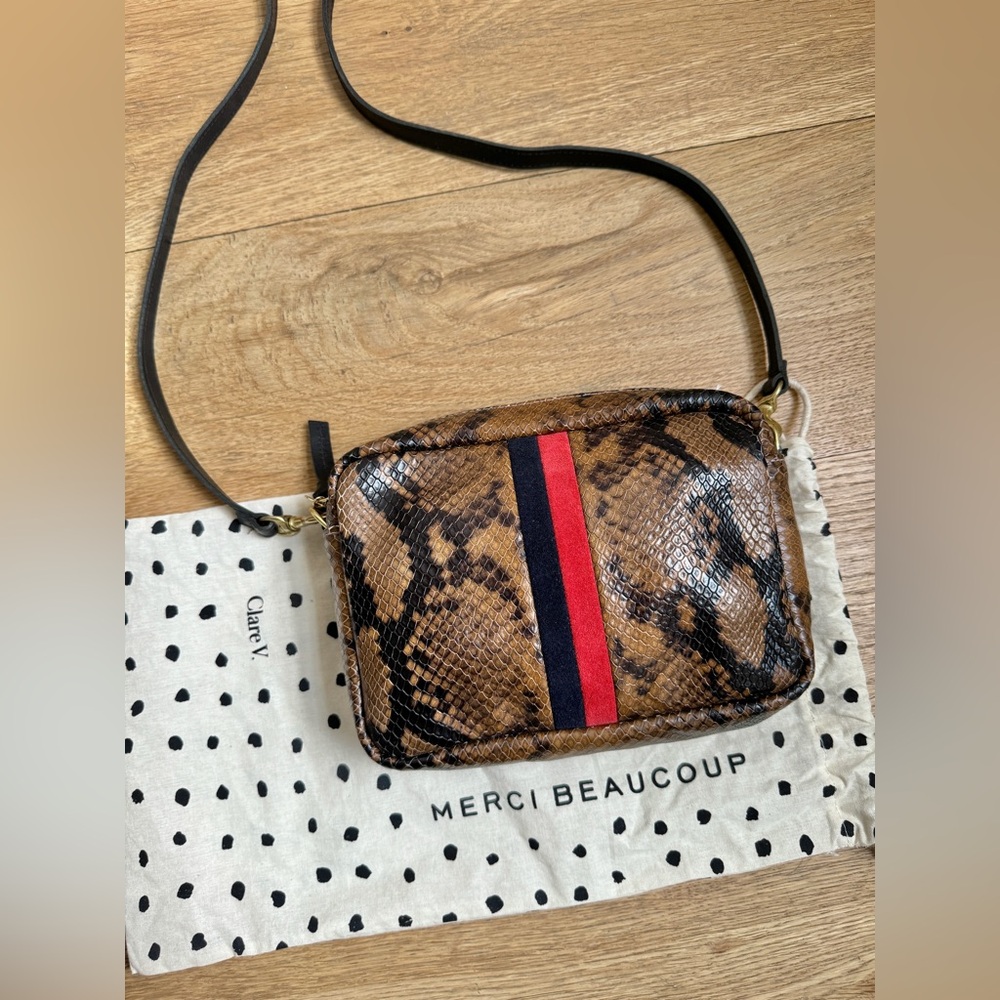Clare V Brown Crossbody Bag with Red and Black Stripes